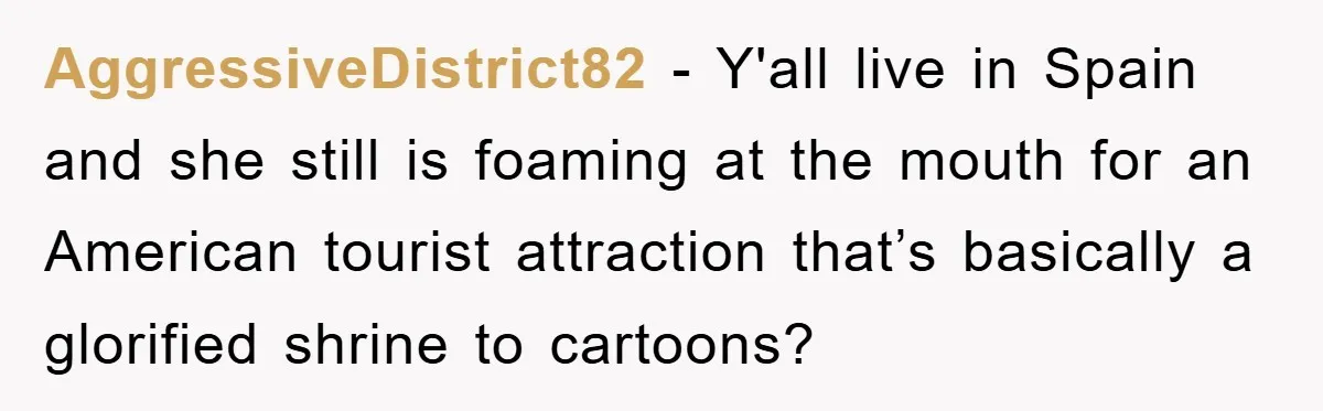 AggressiveDistrict82 − Y'all live in Spain and she still is foaming at the mouth for an American tourist attraction that’s basically a glorified shrine to cartoons?