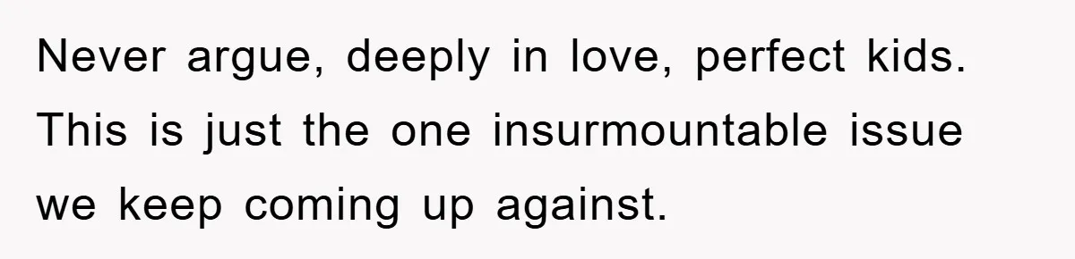 Never argue, deeply in love, perfect kids. This is just the one insurmountable issue we keep coming up against.