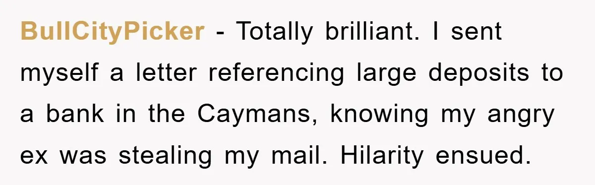 BullCityPicker − Totally brilliant. I sent myself a letter referencing large deposits to a bank in the Caymans, knowing my angry ex was stealing my mail. Hilarity ensued.