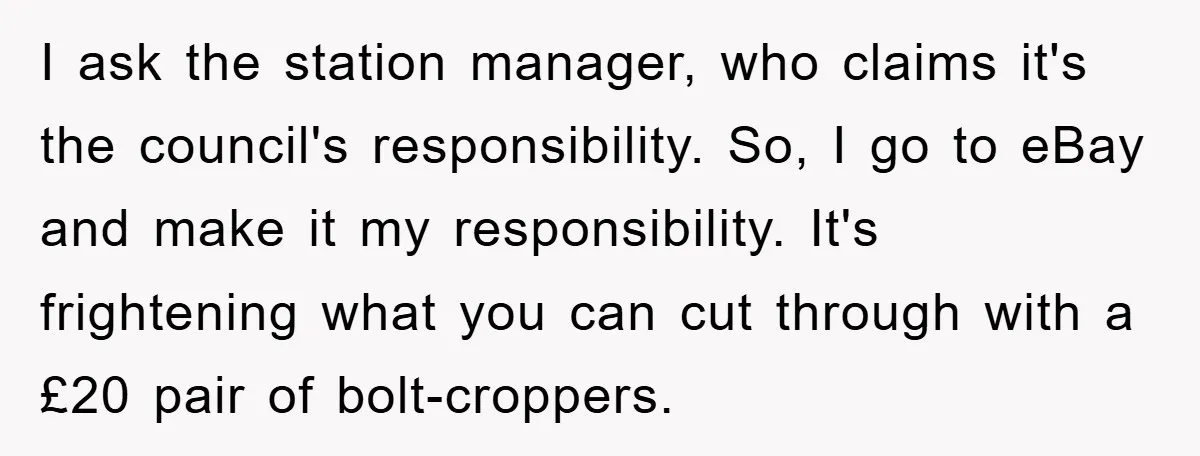 I ask the station manager, who claims it's the council's responsibility. So, I go to eBay and make it my responsibility. It's frightening what you can cut through with a...