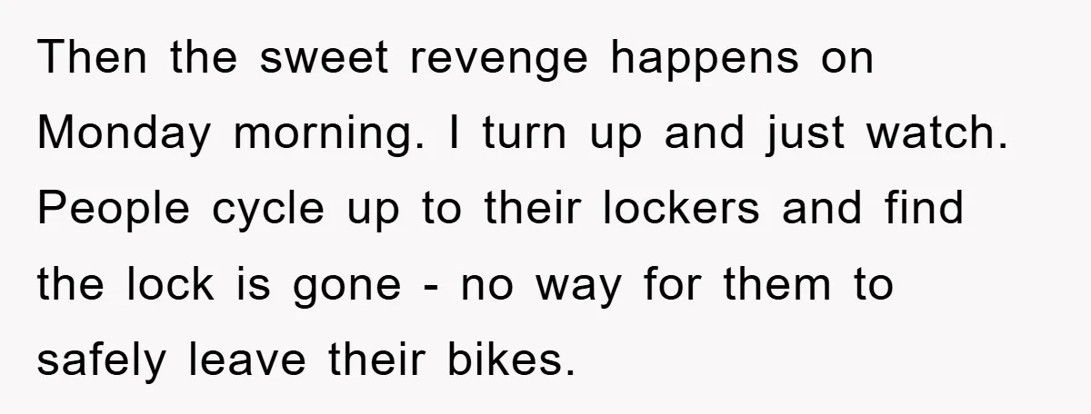 Then the sweet revenge happens on Monday morning. I turn up and just watch. People cycle up to their lockers and find the lock is gone - no way for...