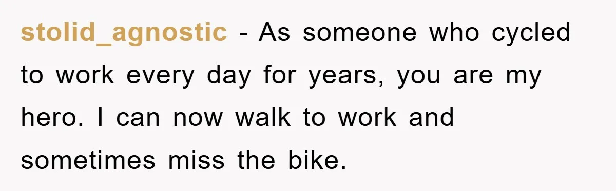 stolid_agnostic − As someone who cycled to work every day for years, you are my hero. I can now walk to work and sometimes miss the bike.