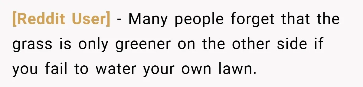 [Reddit User] − Many people forget that the grass is only greener on the other side if you fail to water your own lawn.