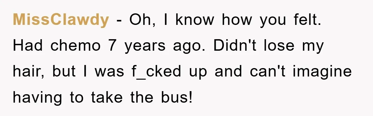 Chemo Patient’s Puke Revenge Silences Rude Bus Passenger MissClawdy − Oh, I know how you felt. Had chemo 7 years ago. Didn't lose my hair, but I was f_cked up and can't imagine having to take the bus!