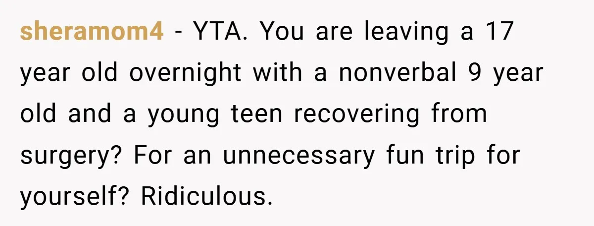 sheramom4 − YTA. You are leaving a 17 year old overnight with a nonverbal 9 year old and a young teen recovering from surgery? For an unnecessary fun trip for...