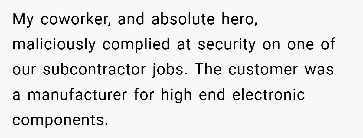 My coworker, and absolute hero, maliciously complied at security on one of our subcontractor jobs. The customer was a manufacturer for high end electronic components.