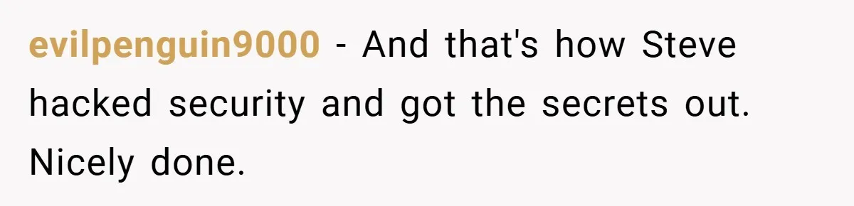 evilpenguin9000 − And that's how Steve hacked security and got the secrets out. Nicely done.