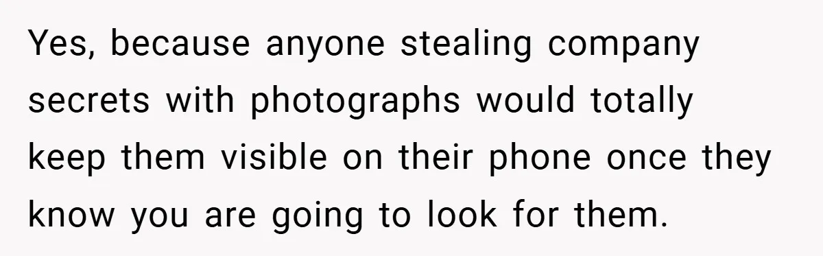Yes, because anyone stealing company secrets with photographs would totally keep them visible on their phone once they know you are going to look for them.