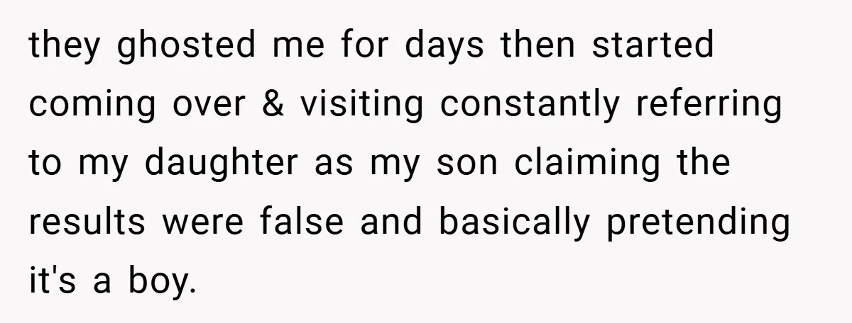 they ghosted me for days then started coming over & visiting constantly referring to my daughter as my son claiming the results were false and basically pretending it's a boy.