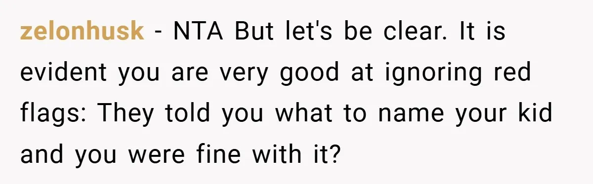 zelonhusk − NTA But let's be clear. It is evident you are very good at ignoring red flags: They told you what to name your kid and you were fine...