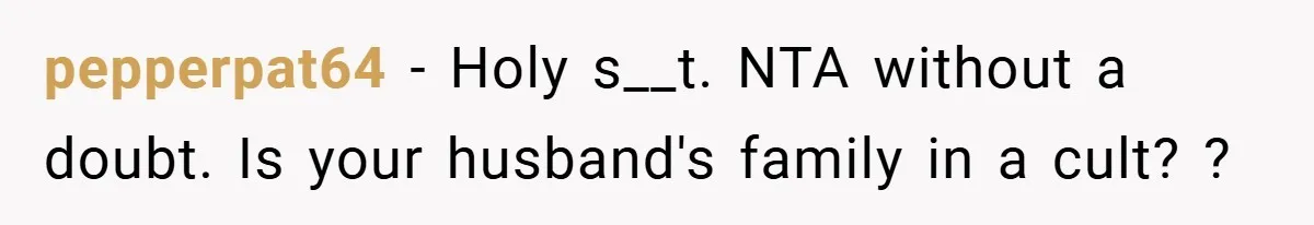 pepperpat64 − Holy s__t. NTA without a doubt. Is your husband's family in a cult? ?