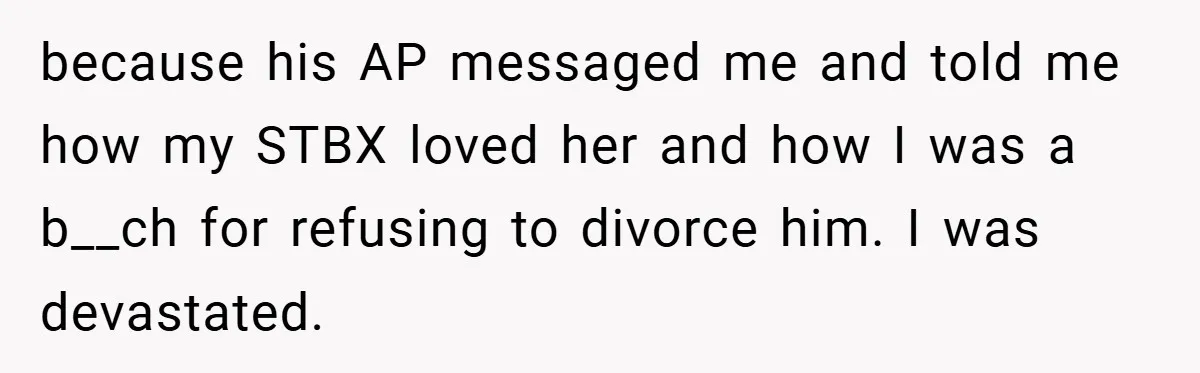 because his AP messaged me and told me how my STBX loved her and how I was a b__ch for refusing to divorce him. I was devastated.