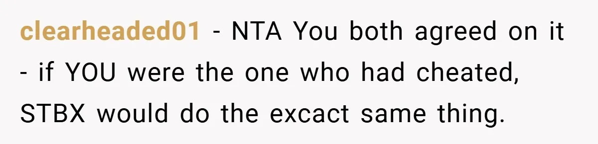 clearheaded01 − NTA You both agreed on it - if YOU were the one who had cheated, STBX would do the excact same thing.