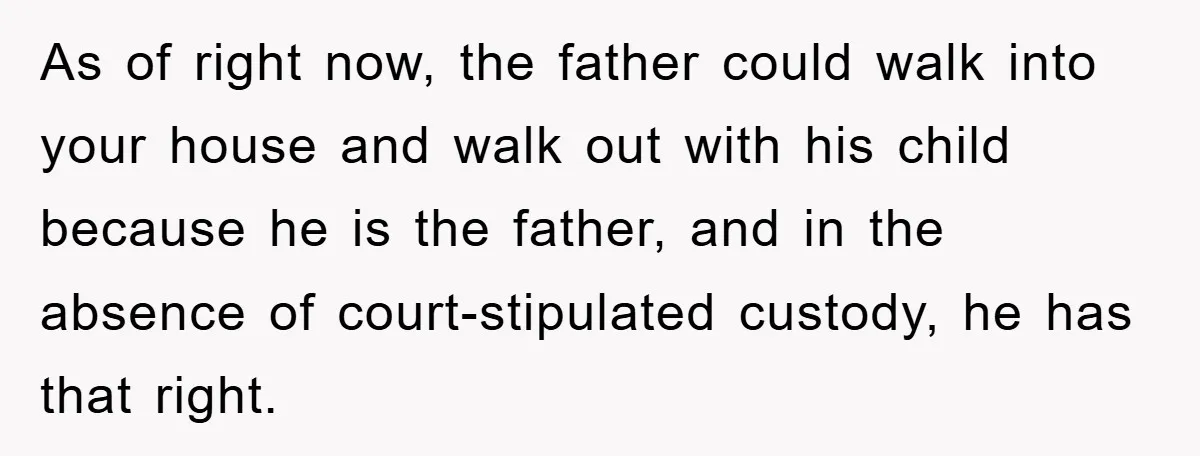 As of right now, the father could walk into your house and walk out with his child because he is the father, and in the absence of court-stipulated custody, he...