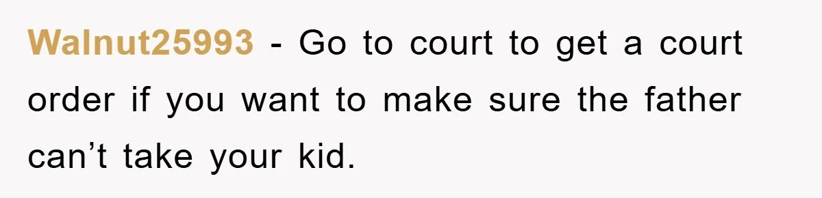 Walnut25993 − Go to court to get a court order if you want to make sure the father can’t take your kid.