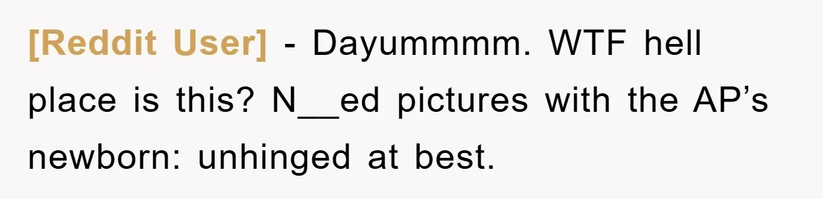 [Reddit User] − Dayummmm. WTF hell place is this? N__ed pictures with the AP’s newborn: unhinged at best.
