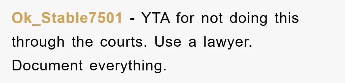 Ok_Stable7501 − YTA for not doing this through the courts. Use a lawyer. Document everything.