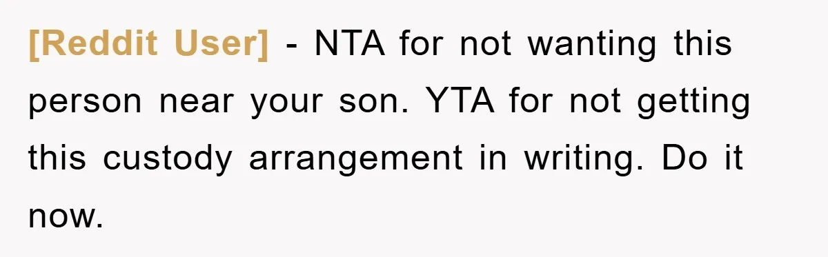 [Reddit User] − NTA for not wanting this person near your son. YTA for not getting this custody arrangement in writing. Do it now.