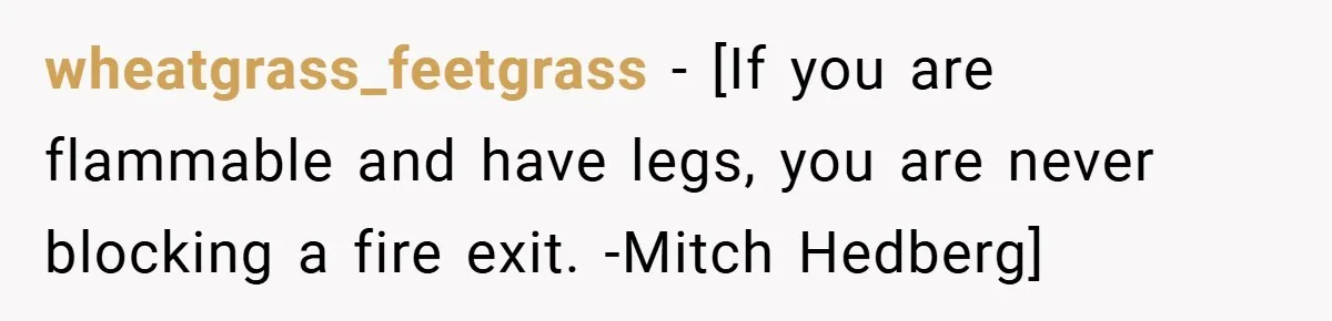 wheatgrass_feetgrass − [If you are flammable and have legs, you are never blocking a fire exit. -Mitch Hedberg]