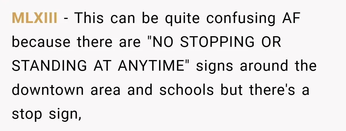 Angry Neighbor Calls Tow Truck, Gets His Own Car Taken Instead MLXIII − This can be quite confusing AF because there are "NO STOPPING OR STANDING AT ANYTIME" signs around the downtown area and schools but there's a stop sign,