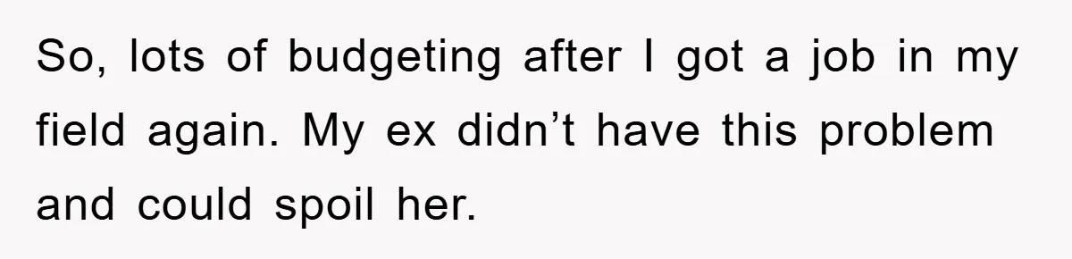 Mom’s Tough Love: Rules For Daughter’s Return Spark Drama So, lots of budgeting after I got a job in my field again. My ex didn’t have this problem and could spoil her.