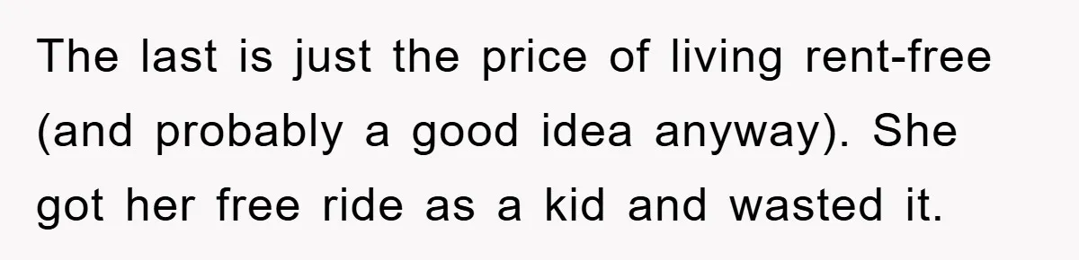 Mom’s Tough Love: Rules For Daughter’s Return Spark Drama The last is just the price of living rent-free (and probably a good idea anyway). She got her free ride as a kid and wasted it.