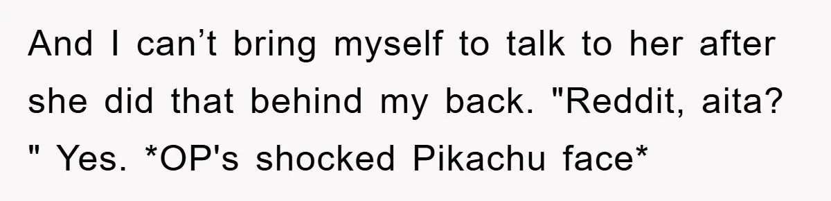 And I can’t bring myself to talk to her after she did that behind my back. "Reddit, aita? " Yes. *OP's shocked Pikachu face*