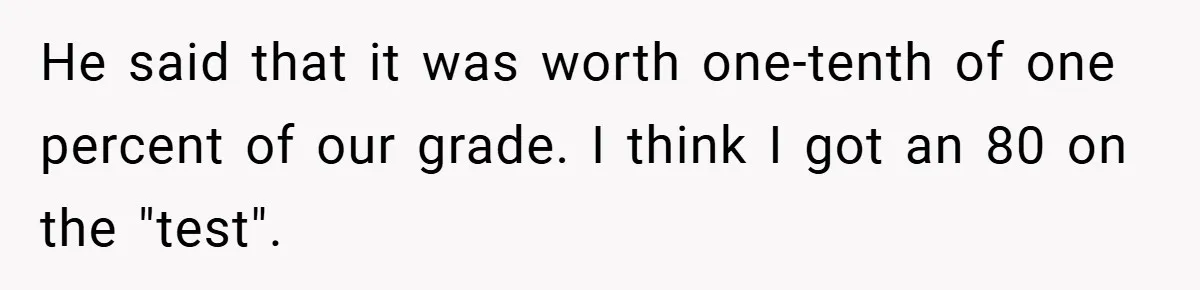 He said that it was worth one-tenth of one percent of our grade. I think I got an 80 on the "test".