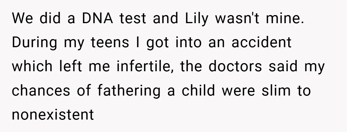 We did a DNA test and Lily wasn't mine. During my teens I got into an accident which left me infertile, the doctors said my chances of fathering a child...