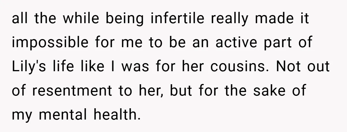 all the while being infertile really made it impossible for me to be an active part of Lily's life like I was for her cousins. Not out of resentment to...