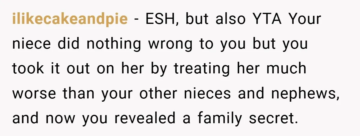 ilikecakeandpie − ESH, but also YTA Your niece did nothing wrong to you but you took it out on her by treating her much worse than your other nieces and...