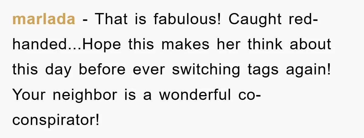 marlada − That is fabulous! Caught red-handed...Hope this makes her think about this day before ever switching tags again! Your neighbor is a wonderful co-conspirator!