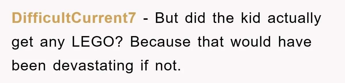DifficultCurrent7 − But did the kid actually get any LEGO? Because that would have been devastating if not.