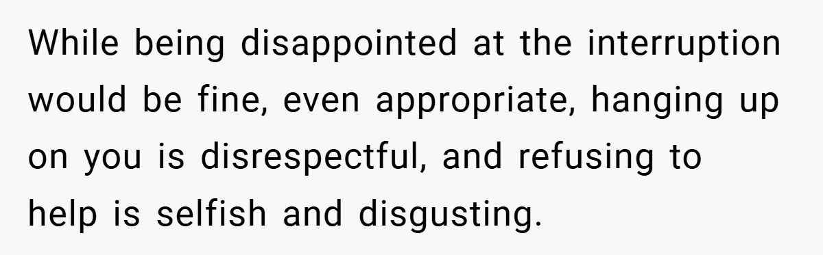 While being disappointed at the interruption would be fine, even appropriate, hanging up on you is disrespectful, and refusing to help is selfish and disgusting.