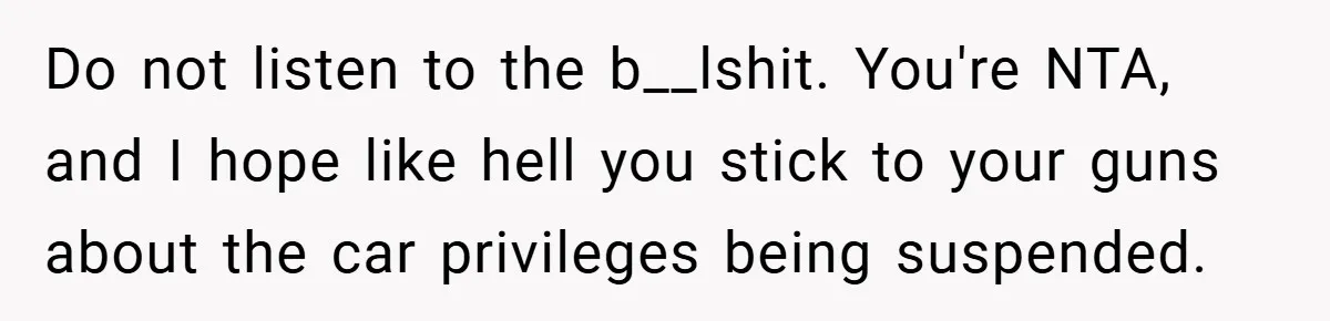 Do not listen to the b__lshit. You're NTA, and I hope like hell you stick to your guns about the car privileges being suspended.