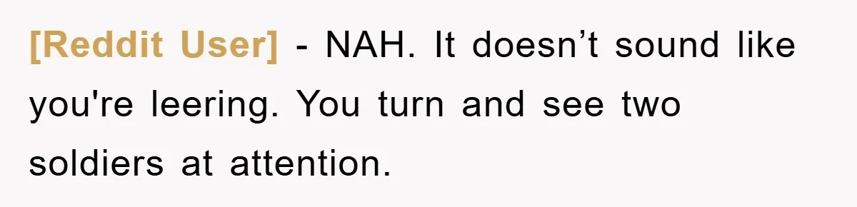 [Reddit User] − NAH. It doesn’t sound like you're leering. You turn and see two soldiers at attention.