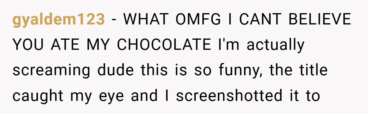 gyaldem123 − WHAT OMFG I CANT BELIEVE YOU ATE MY CHOCOLATE I'm actually screaming dude this is so funny, the title caught my eye and I screenshotted it to
