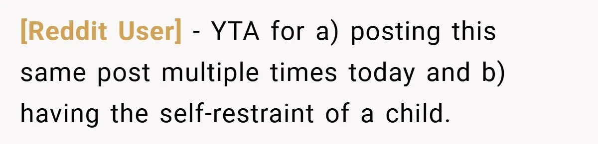 [Reddit User] − YTA for a) posting this same post multiple times today and b) having the self-restraint of a child.
