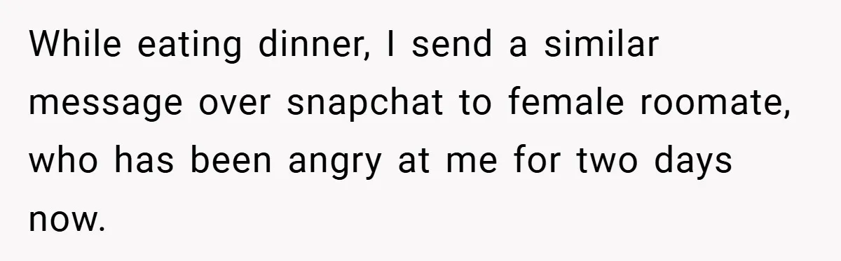 While eating dinner, I send a similar message over snapchat to female roomate, who has been angry at me for two days now.