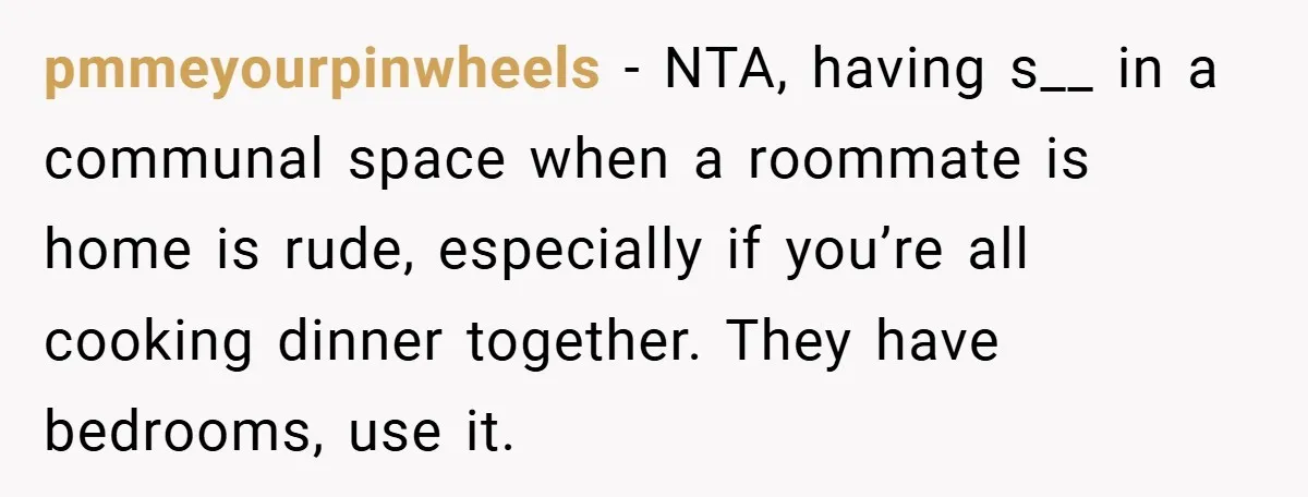 pmmeyourpinwheels − NTA, having s__ in a communal space when a roommate is home is rude, especially if you’re all cooking dinner together. They have bedrooms, use it.