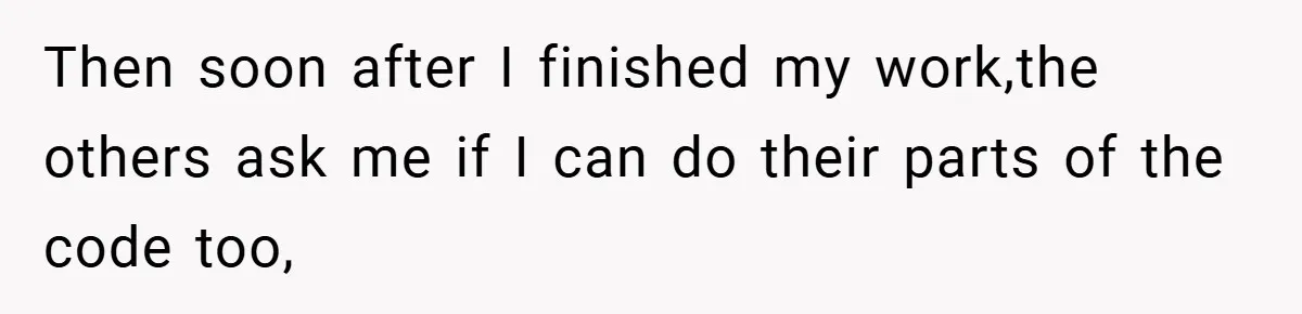 Then soon after I finished my work,the others ask me if I can do their parts of the code too,