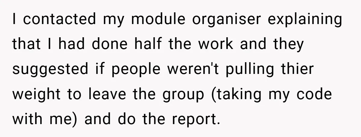I contacted my module organiser explaining that I had done half the work and they suggested if people weren't pulling thier weight to leave the group (taking my code with...