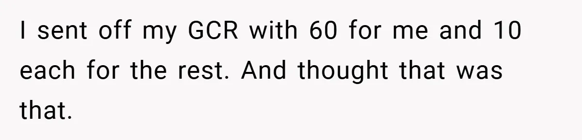 I sent off my GCR with 60 for me and 10 each for the rest. And thought that was that.