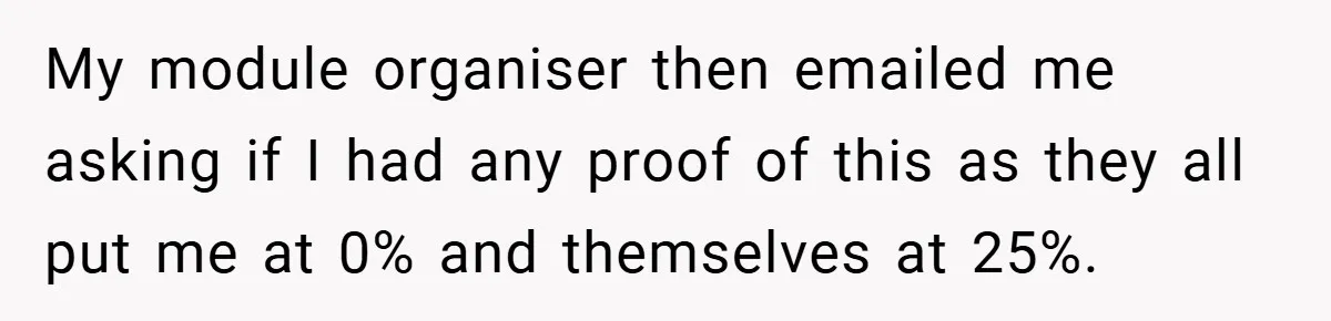 My module organiser then emailed me asking if I had any proof of this as they all put me at 0% and themselves at 25%.