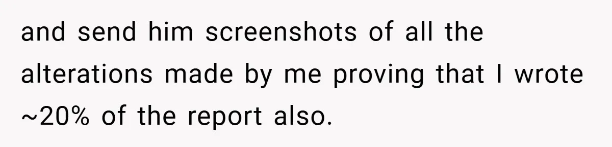 and send him screenshots of all the alterations made by me proving that I wrote ~20% of the report also.