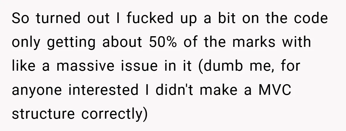 So turned out I fucked up a bit on the code only getting about 50% of the marks with like a massive issue in it (dumb me, for anyone interested...