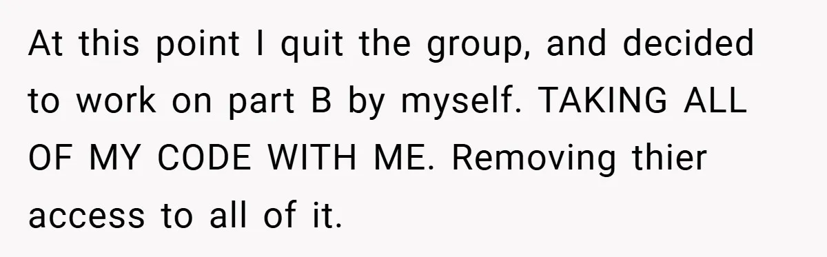 At this point I quit the group, and decided to work on part B by myself. TAKING ALL OF MY CODE WITH ME. Removing thier access to all of it.