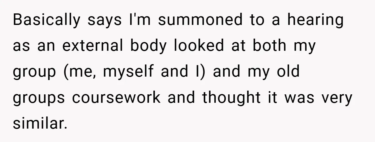 Basically says I'm summoned to a hearing as an external body looked at both my group (me, myself and I) and my old groups coursework and thought it was very...