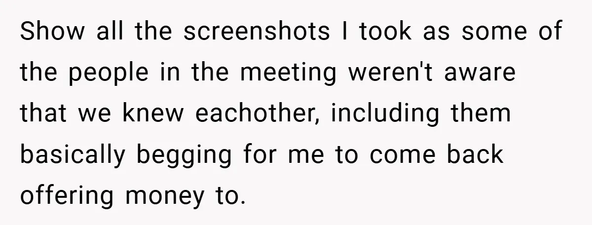 Show all the screenshots I took as some of the people in the meeting weren't aware that we knew eachother, including them basically begging for me to come back offering...