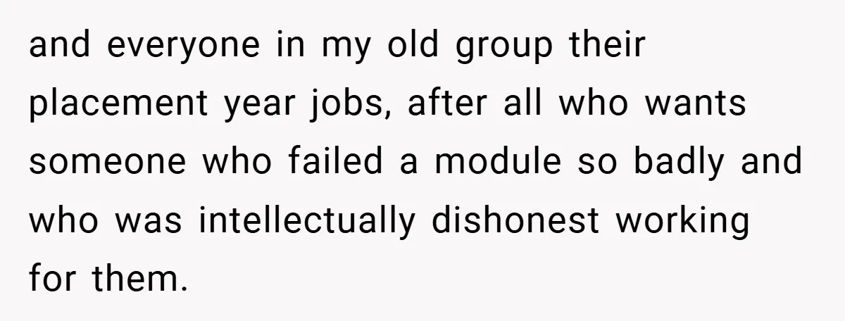 and everyone in my old group their placement year jobs, after all who wants someone who failed a module so badly and who was intellectually dishonest working for them.